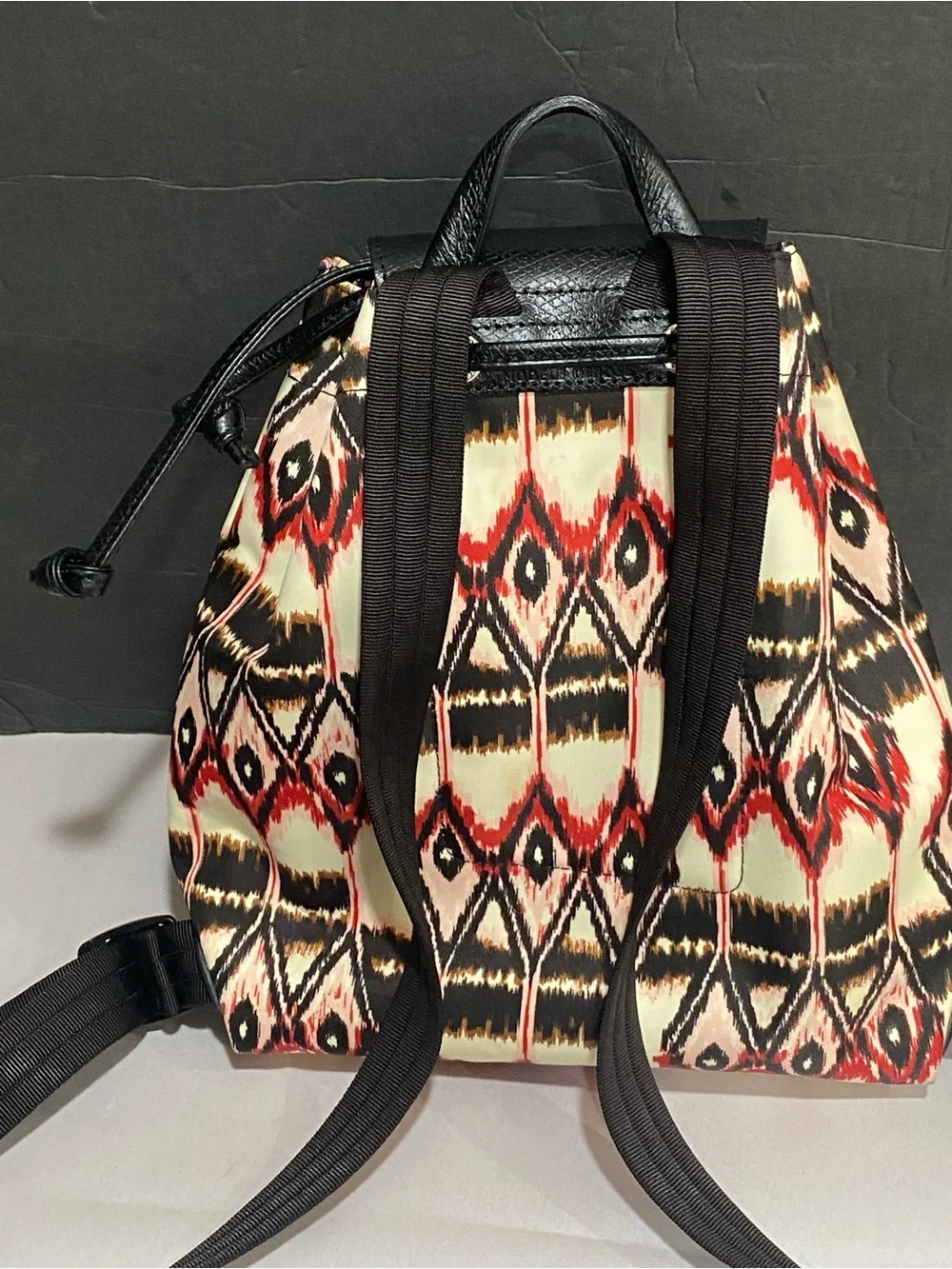 AUTHENTIC LONGCHAMP LE PLIAGE 'IKAT' PRINT BACKPACK - IVORY RED BLACK